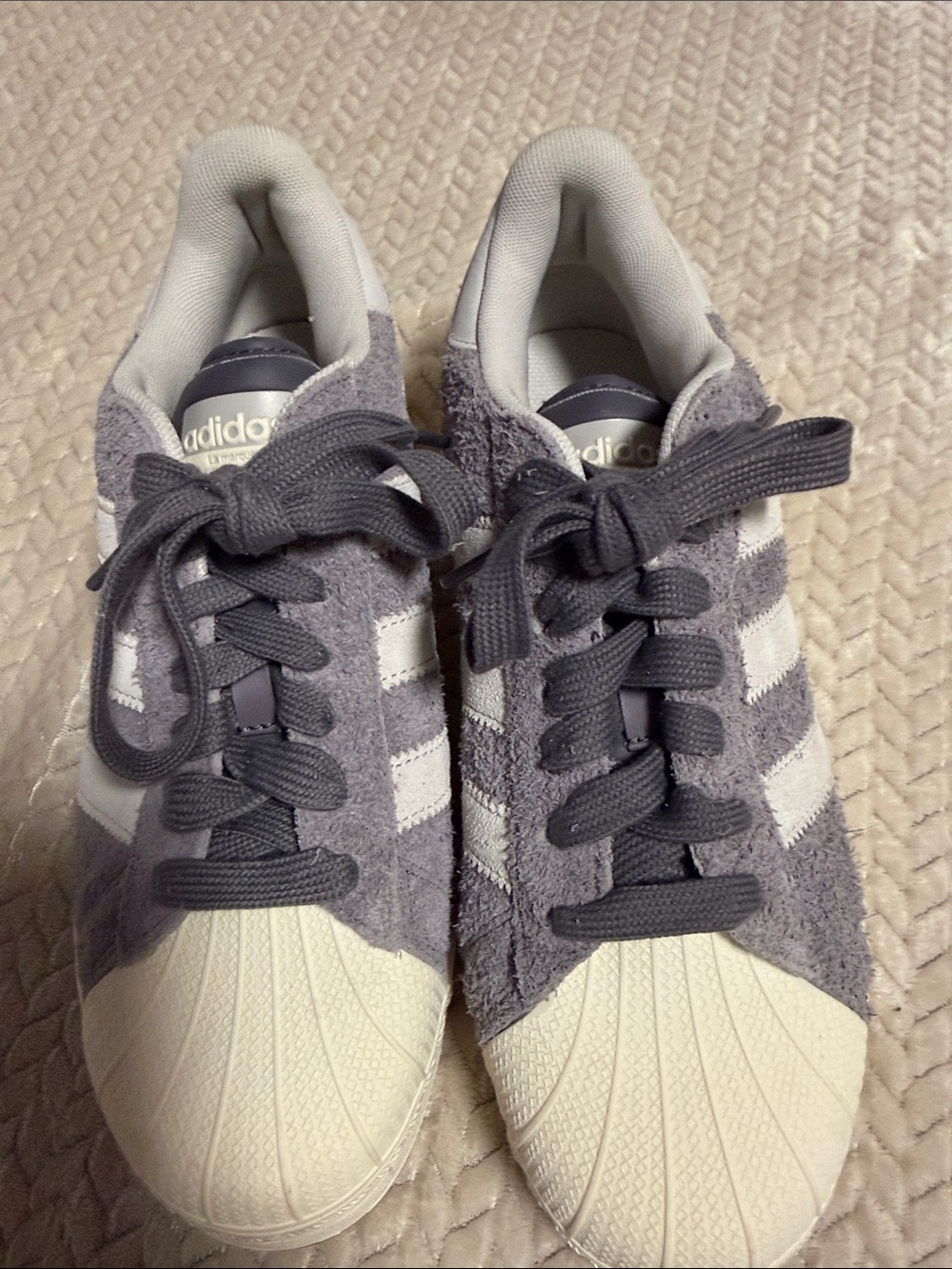 adidas Women’s Gray Suede Shell-Toe Sneakers with White Stripes